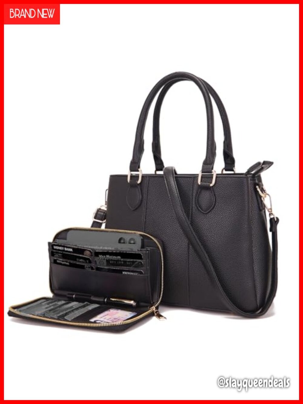 Women's PU Leather Satchel Handbag with Wallet Set, 3 Zipper Compartments, Tote